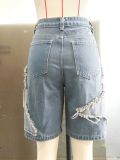 EVE Star Tassl Raw Edge Loose Straight Denim Shorts GSMJ-6994