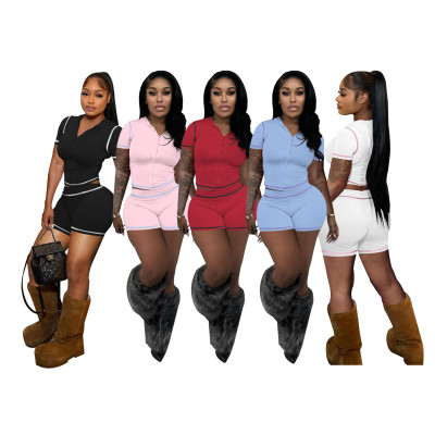 EVE Zipper Short Sleeve Hooded Casual Two Piece Set QXLB-10130
