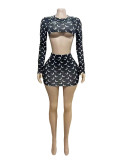 EVE Long Sleeve Print Crop Top Skirt 2 Piece Set GFCF-1341