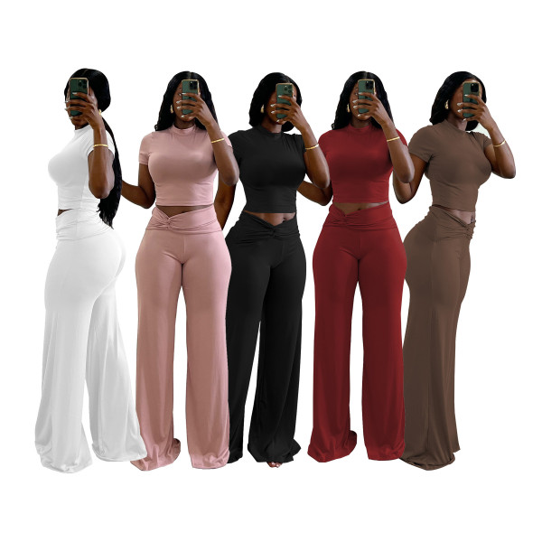 EVE Solid Color Short Sleeve Tops Wide Leg Pants Suit QXLB-10129