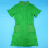 EVE Plus Size Zipper Solid Color Short Sleeve Midi Dress NNWF-8070