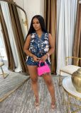 EVE Multi-Pocket Inked Print Shorts Denim 2 Piece Set TK-6339
