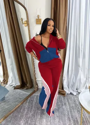 EVE Color Block Zipper Sport Two Piece Pants Set TE-4736