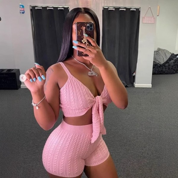 EVE Solid Color Sexy Knits Sling Two Piece Shorts Set GCNF-0232