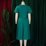 EVE Plus Size Square Neck Solid Corsage High Waist Midi Dress GATE-568