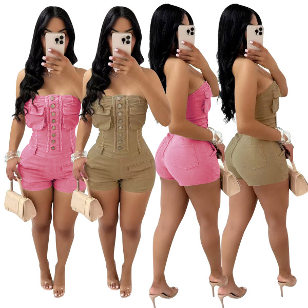 EVE Solid Color Wrap Chest Denim Romper MEM-88636