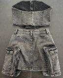 EVE Fashion Wrap Chest Washed Denim Two Piece Skirts Set GSMJ-6993