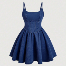 EVE Solid Color Denim Sling Mini Dress GDAM-218588