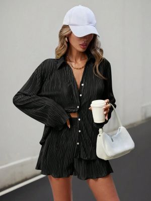EVE Long Sleeve Press Pleated Two Piece Shorts Set BS-1392