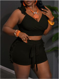 EVE Ruffle V Neck Backless Two Piece Shorts Set MDF-5652