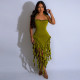 EVE Solid Color Halterneck Tassel Midi Dress GDAM-218702