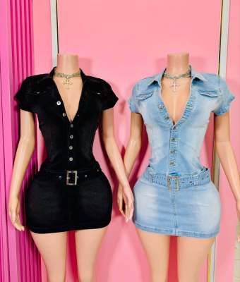 EVE Fashion Denim Short Sleeve Mini Dress MEM-88635