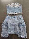 EVE Fashion Wrap Chest Washed Denim Two Piece Skirts Set GSMJ-6993