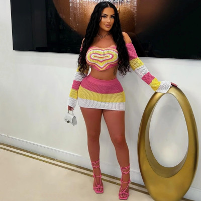 EVE Hollow Out Knits Tops And Skirt 2 Piece Set MDF-5509