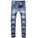 EVE Men's Fashion Zipper Pleated Holes Straight Jeans GBBF-706
