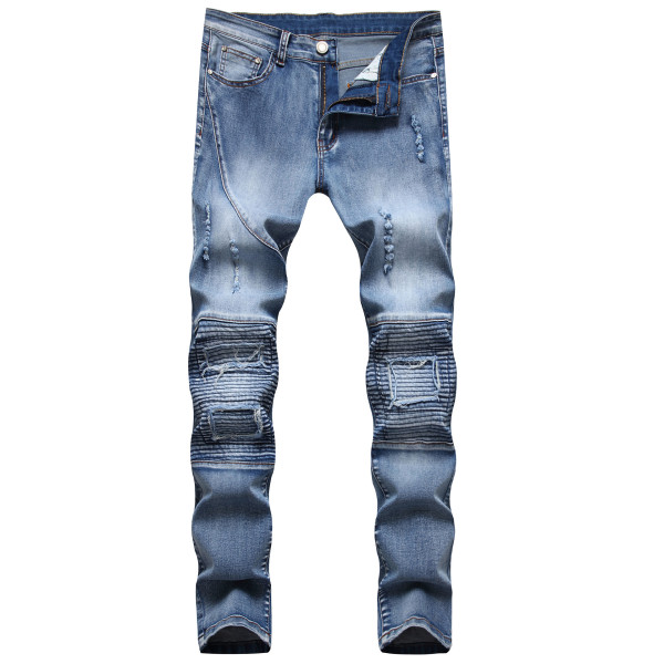 EVE Men's Fashion Zipper Pleated Holes Straight Jeans GBBF-706