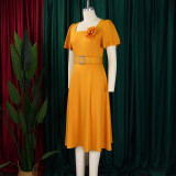 EVE Plus Size Square Neck Solid Corsage High Waist Midi Dress GATE-568
