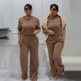 EVE Solid Color Short Sleeve Loose Two Piece Pants Set SFY-658