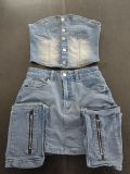 EVE Fashion Wrap Chest Washed Denim Two Piece Skirts Set GSMJ-6993