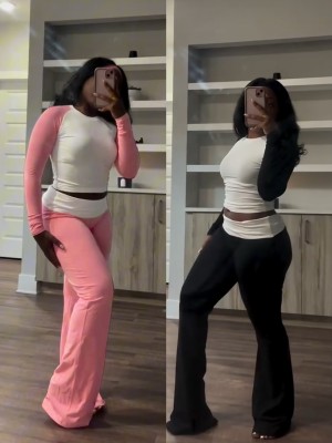 EVE Contrast Color Long Sleeve Tight Pants Suit QODY-6058