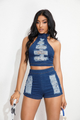 EVE Sexy Hole Denim Top Shorts Suit GHYF-4016