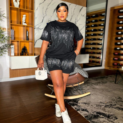 EVE Short Sleeve Hot Drill Loose Two Piece Shorts Set CYA-901822