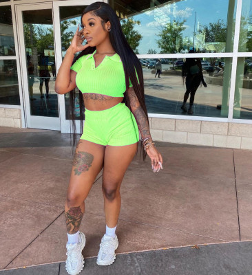 EVE Solid Color Sport Short Sleeve Two Piece Shorts Set LM-9259