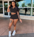 EVE Solid Color Sport Short Sleeve Two Piece Shorts Set LM-9259