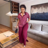 EVE Stripe Print Short Sleeve Two Piece Pants Set OY-6503