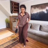 EVE Stripe Print Short Sleeve Two Piece Pants Set OY-6503