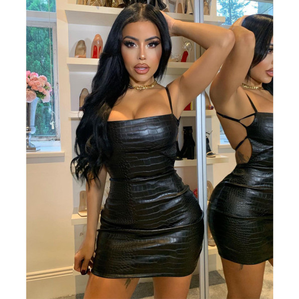 EVE PU Leather Backless Sling Mini Dress GPBY-1438