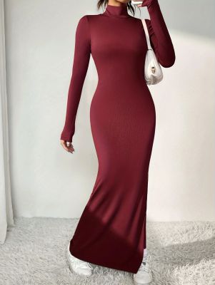 EVE Long Sleeve Solid Color Split Maxi Dress GRNH-M23DS504