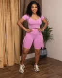EVE Solid Color Short Sleeve Tassel Two Piece Shorts Set TK-6342