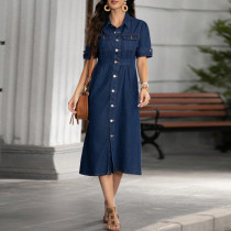 EVE Short Sleeve Lapel Denim Midi Dress GDAM-218665