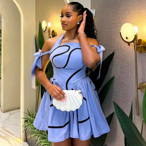 EVE Printed Lace-Up Off Shoulder Pleated Mini Dress GCNE-HK72301