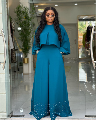EVE Irregular Lantern Sleeve Top Beaded Wide Leg Pants Set GCNE-HK72258