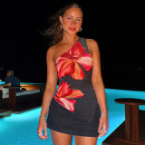 EVE Slash Shoulder Drawstring Floral Print Irregular T Shirt GDSF-J25TP020