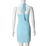 EVE Stripe Contrast Color Halterneck Mini Dress GNZD-51619DBD