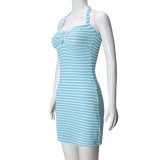 EVE Stripe Contrast Color Halterneck Mini Dress GNZD-51619DBD