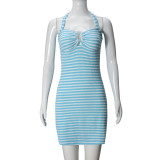 EVE Stripe Contrast Color Halterneck Mini Dress GNZD-51619DBD