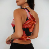 EVE Slash Shoulder Drawstring Floral Print Irregular T Shirt GDSF-J25TP020