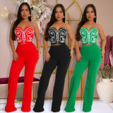 EVE Solid Color Print Wrap Chest Loose Pants Suit CYA-901745