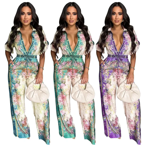EVE Sexy V-Neck Vintage Print Jumpsuit YF-20154