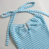 EVE Stripe Contrast Color Halterneck Mini Dress GNZD-51619DBD