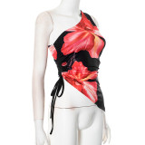 EVE Slash Shoulder Drawstring Floral Print Irregular T Shirt GDSF-J25TP020