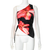 EVE Slash Shoulder Drawstring Floral Print Irregular T Shirt GDSF-J25TP020