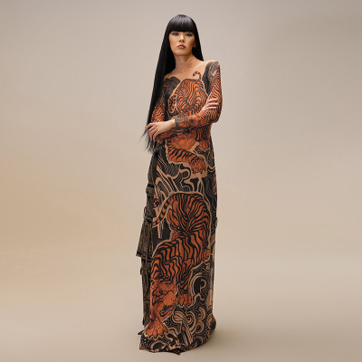 EVE Print Mesh Long Sleeve Split Maxi Dress DLSF-K24L62342