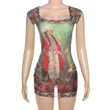 EVE U Neck Print Short Sleeve Mini Dress DLSF-K24D64270