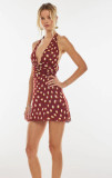 EVE Polka Dot Print Halterneck Backless Midi Dress GLJS-B8300