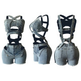 EVE Wrap Strappy Denim Vest Shorts Set MEM-88637
